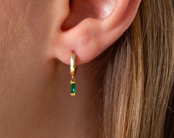 Emerald Hoop Earrings, Minimalist Gold Hoops, Christmas Gifts, Bridesmaids Gifts , Baguette Hoops Earring