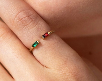 Duo Baguette Birthstone Ring, Verstelbare Edelsteen Ring, Beste Vriend Cadeau, Verjaardagscadeau, Gepersonaliseerde Ring, Moederdag Cadeau voor haar