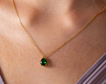 14k Solid Gold Emerald Necklace, Minimalist Necklace, Emerald Necklace, Christmas Gift, Necklace for women, Personalized Gift