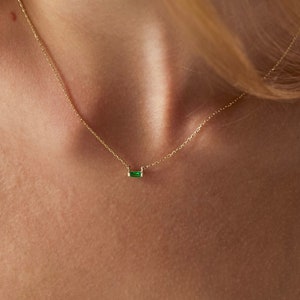 14k Gold Emerald Necklace, Emerald Necklace, Baguette Necklace, Solid Gold Necklace, Dainty Necklace, Choker Necklace, Personalized Necklace image 1