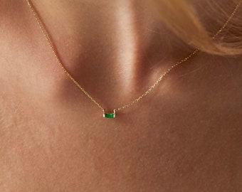 14k Gold Emerald Necklace, Emerald Necklace, Baguette Necklace, Solid Gold Necklace, Dainty Necklace, Choker Necklace, Personalized Necklace