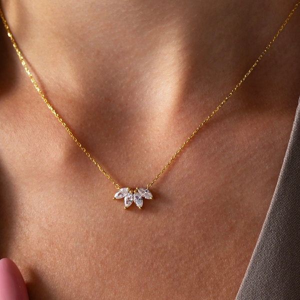 Marquise Diamond Necklace , Flower Petal Diamond Necklace , Flower Necklace , Bridesmaid Gift , Christmas Gifs for Women , Black Friday Sale