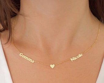 Collana con due nomi con cuore - Collana con nomi per coppie - Collana con nome in oro - Collana di famiglia - Gioielli personalizzati - Regalo per lei