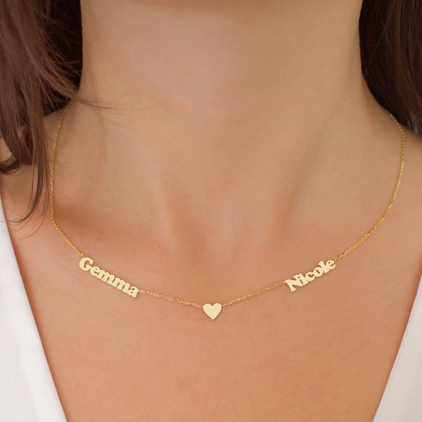 Two Name necklace with heart  - Couples Name necklace - Gold name necklace -  Family necklace - Personalized jewelry - Gift for Her