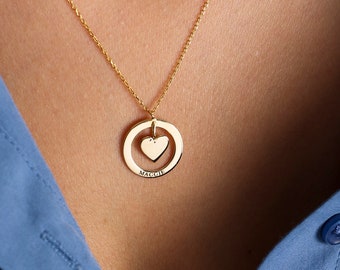 Coin name necklace , Circle Name Necklace , Gold Heart Necklace ,Gold name necklace , Personalized jewelry , Personalized Christmas Gift