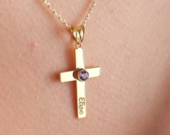 Cross Necklace , Personalized Cross Necklace , Birthstone Cross Necklace , Religious Gift for Women , Name cross necklace , Mothers day gift