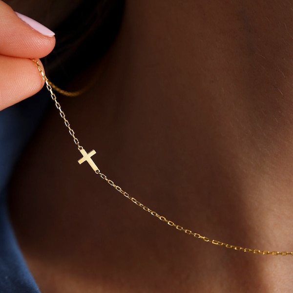 14k solid gold Sideways Cross Necklace , Gold Cross Necklace , Bridesmaid Jewelry , Baptism Gift Girl , Mothers day gift , Mother Necklace