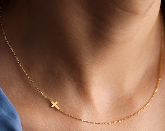 Sideways Cross Necklace,14k gold Cross necklace , Gold Cross Necklace , Bridesmaid Jewelry , Baptism Gift Girl , Mothers day gift , Gift