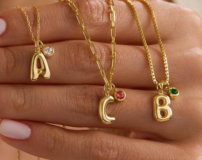 Featured listing image: Bubble Letter Necklace, Personalized Balloon Initial Necklace, Birthstone necklace,Minimalist necklace, Gift For Her, Christmas Gifts