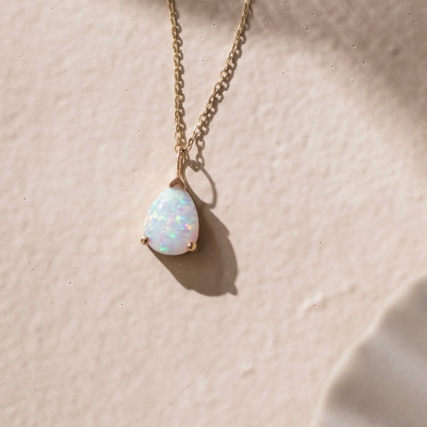14K Gold Opal Necklace,  Moon stone  Necklace , Opal Jewelry with Teardrop Pendant, Christmas Gift for Wife , Necklace for women