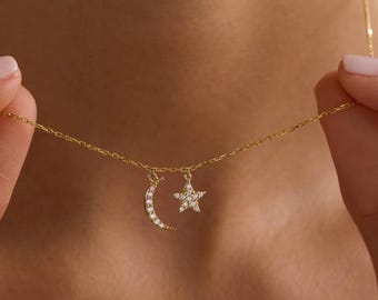 Colar Lua Crescente e Estrela, Colar Lua e Estrela, Presente para Ela, Presente de Natal, Colar Celestial, Colar Luna Delicado, Presente Místico