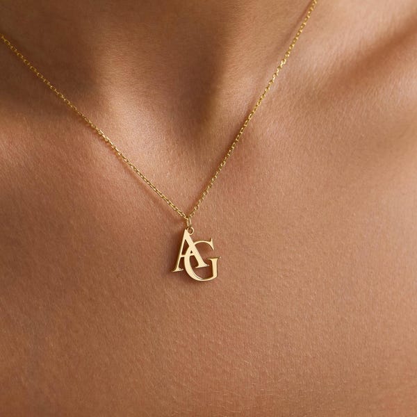 Dubbele initiaalketting, gepersonaliseerde ketting met briefpaar, gepersonaliseerde initiaalketting, ketting met logo-initiaal, ketting met gouden logo
