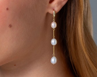 Freshwater Pearl Drop Earrings, Bridal Pearl Earrings, 18K Gold Dangle Earrings, Wedding Earrings, Christmas Gift, Bridesmaids Gift