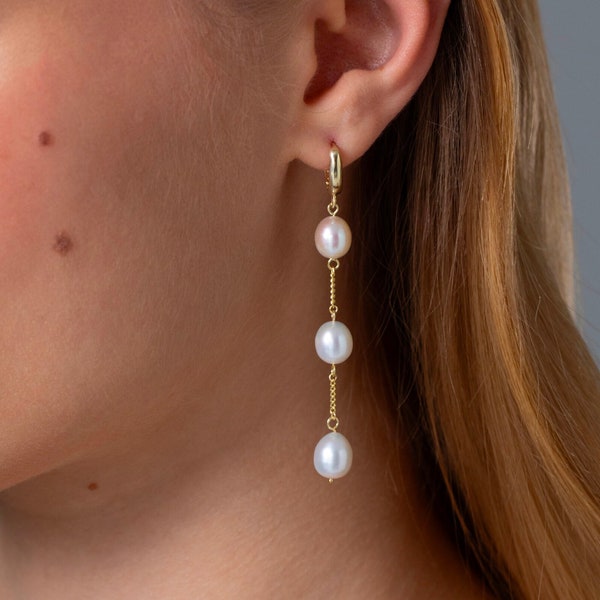 Freshwater Pearl Drop Earrings, Bridal Pearl Earrings, 18K Gold Dangle Earrings, Wedding Earrings, Christmas Gift, Bridesmaids Gift