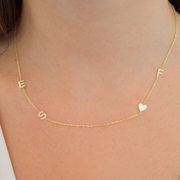 Collar inicial de oro macizo de 14k, collar inicial lateral, joyería personalizada, collar personalizado, regalo de Navidad personalizado para ella