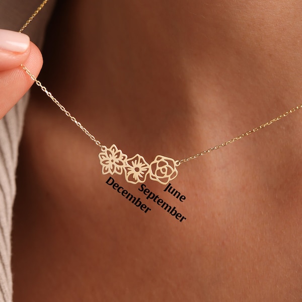 Delicata collana con fiori di nascita, collana con bouquet di fiori di nascita in oro 14 carati, regalo personalizzato, regalo di famiglia con fiori di nascita, regali per la festa della mamma