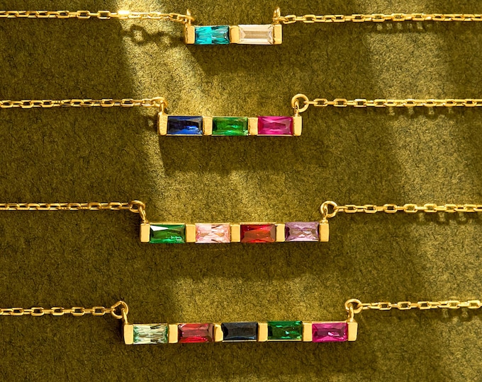 Featured listing image: 14k Gold Baguette Birthstone Necklace, Family Birthstone Necklace, Personalized Gift, Birthstone Jewelry, Christmas Gift For Mom