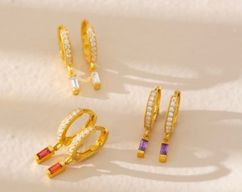 Baguette Stone Huggie Earrings , Gold Hoop Earrings , Birthstone Earrings ,  Drop Earrings , Personalized Christmas Gifts, Black Friday Sale