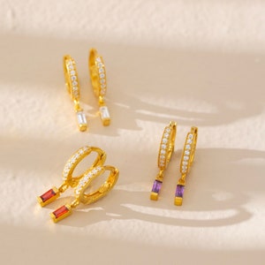 Baguette Stone Huggie Earrings , Gold Hoop Earrings , Birthstone Earrings ,  Drop Earrings , Personalized Christmas Gifts, Black Friday Sale