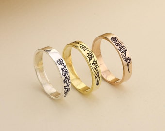 Sterling Silver Birth Flower Ring: Personalized Floral Band