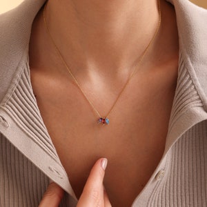 Pu&ograve; includere: Una collana con catena d'oro con un piccolo ciondolo con tre pietre preziose colorate. Le pietre preziose sono rossa, blu e viola.