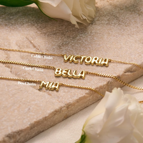 Collana con nome a forma di bolla in oro massiccio 14k, collana con nome personalizzato, collana con lettera a palloncino, collana con nome a palloncino, regali di Natale per lei
