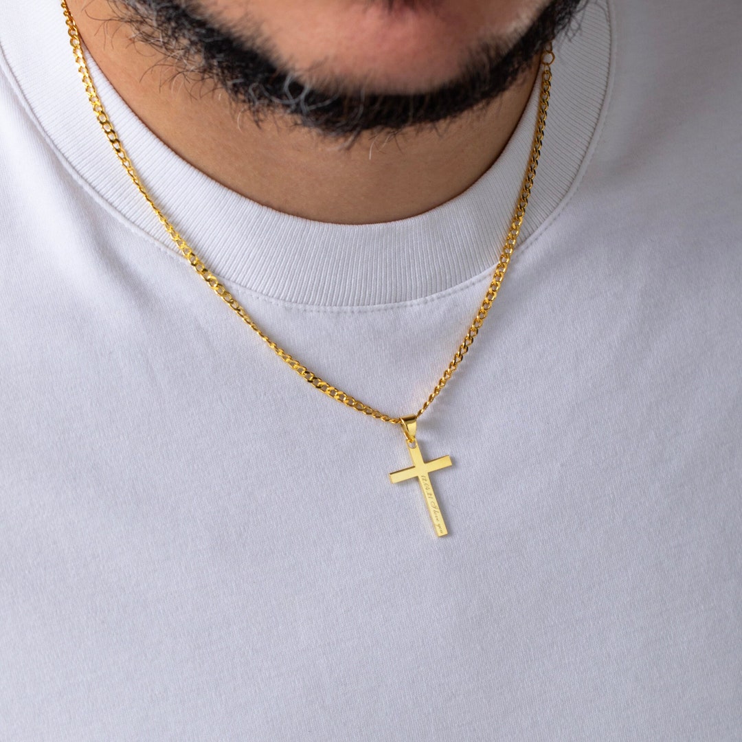 Men's Gold Cross Necklace , 925k Sterling Silver Cross for Men Necklace, Cuban Chain Necklace