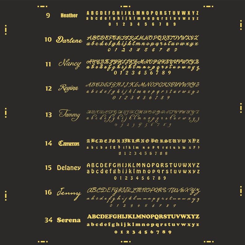 May include: A gold-colored image with a list of names and corresponding fonts. Each name is accompanied by a full alphabet and numbers in the corresponding font.