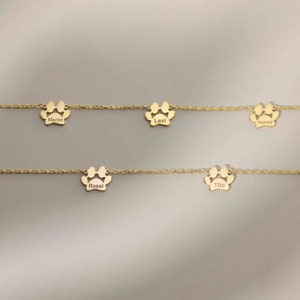 May include: Gold-colored necklaces featuring paw print pendants. Each pendant has a name engraved on it: Merlin, Lexi, Honey, Rossi, and Tito. The necklaces are displayed against a neutral background.