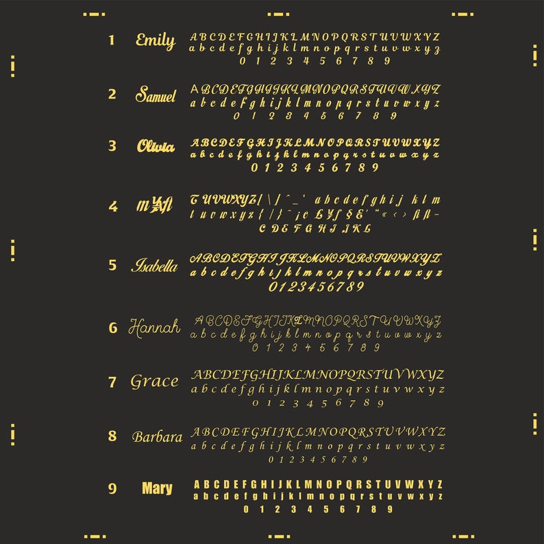 May include: A gold-colored graphic with nine names and corresponding alphabet and number sets. The names are Emily, Samuel, Olivia, My, Isabella, Hannah, Grace, Barbara, and Mary.