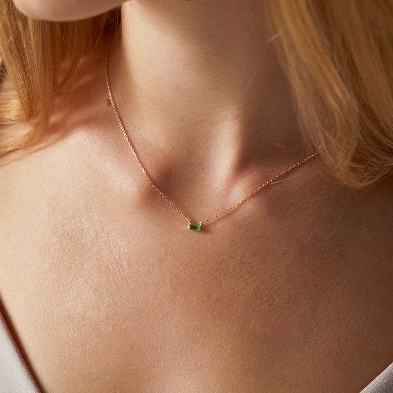 14k Gold Emerald Necklace, Emerald Necklace, Baguette Necklace, Solid Gold Necklace, Dainty Necklace, Choker Necklace, Personalized Necklace image 4