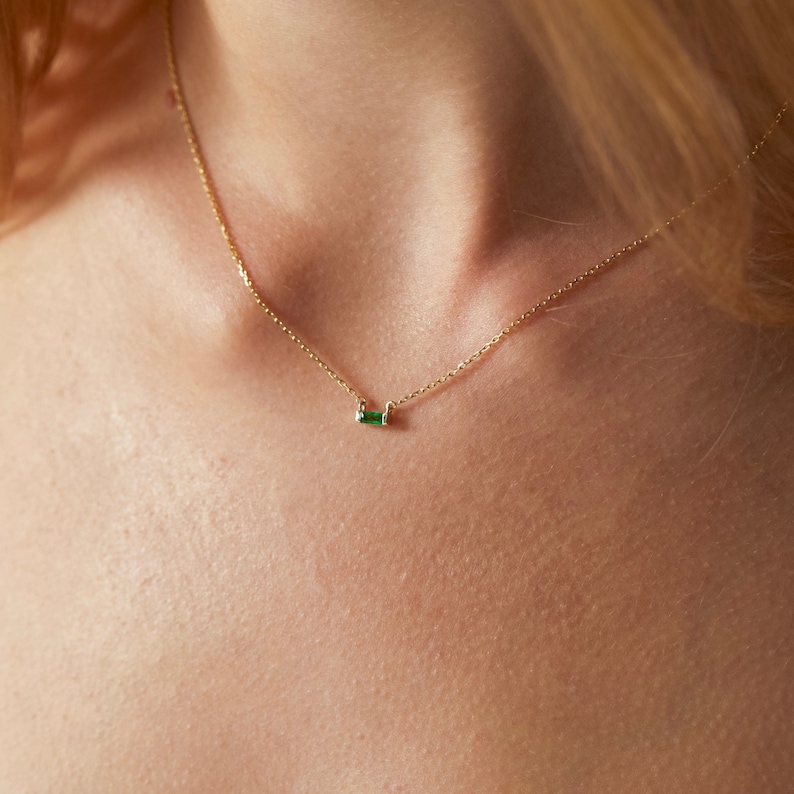 14k Gold Emerald Necklace, Emerald Necklace, Baguette Necklace, Solid Gold Necklace, Dainty Necklace, Choker Necklace, Personalized Necklace image 3