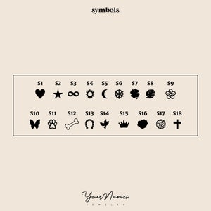 May include: A selection of 18 black symbols, including a heart, star, infinity symbol, sun, moon, snowflake, clover, leaf, flower, butterfly, paw print, bone, horseshoe, bird, crown, rose, volleyball, and cross. The word "symbols" is at the top.
