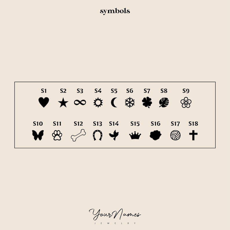 May include: A selection of 18 black symbols, including a heart, star, infinity symbol, sun, moon, snowflake, clover, leaf, flower, butterfly, paw print, bone, horseshoe, bird, crown, rose, volleyball, and cross. The word "symbols" is at the top.