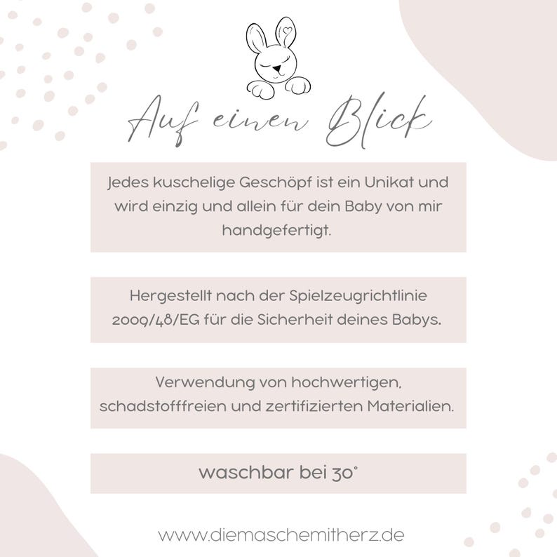 May include: A light pink and white graphic with text in German. The text includes "Auf einen Blick", a bunny illustration, and information about the product's safety, materials, and washability at 30 degrees.