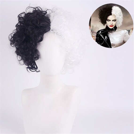 Cruella De Vil Cosplay Wigs Short Curly Wig Half Black Half Etsy