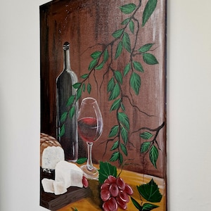Original Still life with wine and camembert cheese painting on canvas! Only one available! Wall art design to :-) .