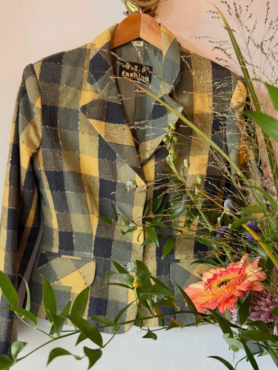 1980s Vintage Yellow Grey Tartan Blazer
