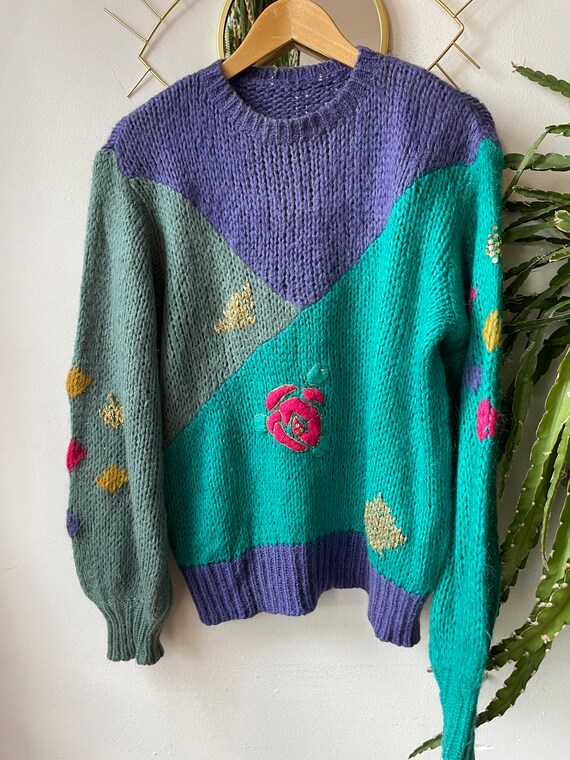 m flower print sweater 80s vintage orange pink floral print jumper bohemian floral knitwear
