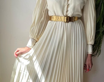 Vintage 1980s off white gold maxi dress with belt