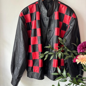 Vintage 80s Black and Red Patchwork Leather Jacket