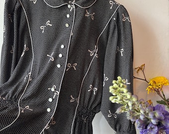 Vintage 1980s Silk Polkadot Bow Blouse