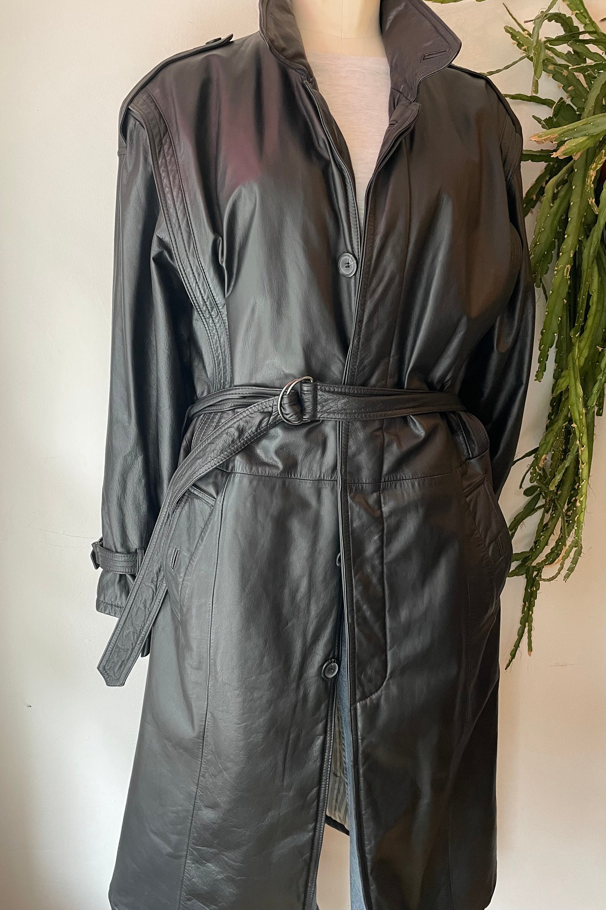 Vintage 1980s Black Leather Trench Coat - Etsy Vintage 1980s Black Leather Trench Coat - Etsy