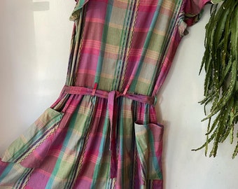 Vintage cotton tartan rainbow dress with pockets