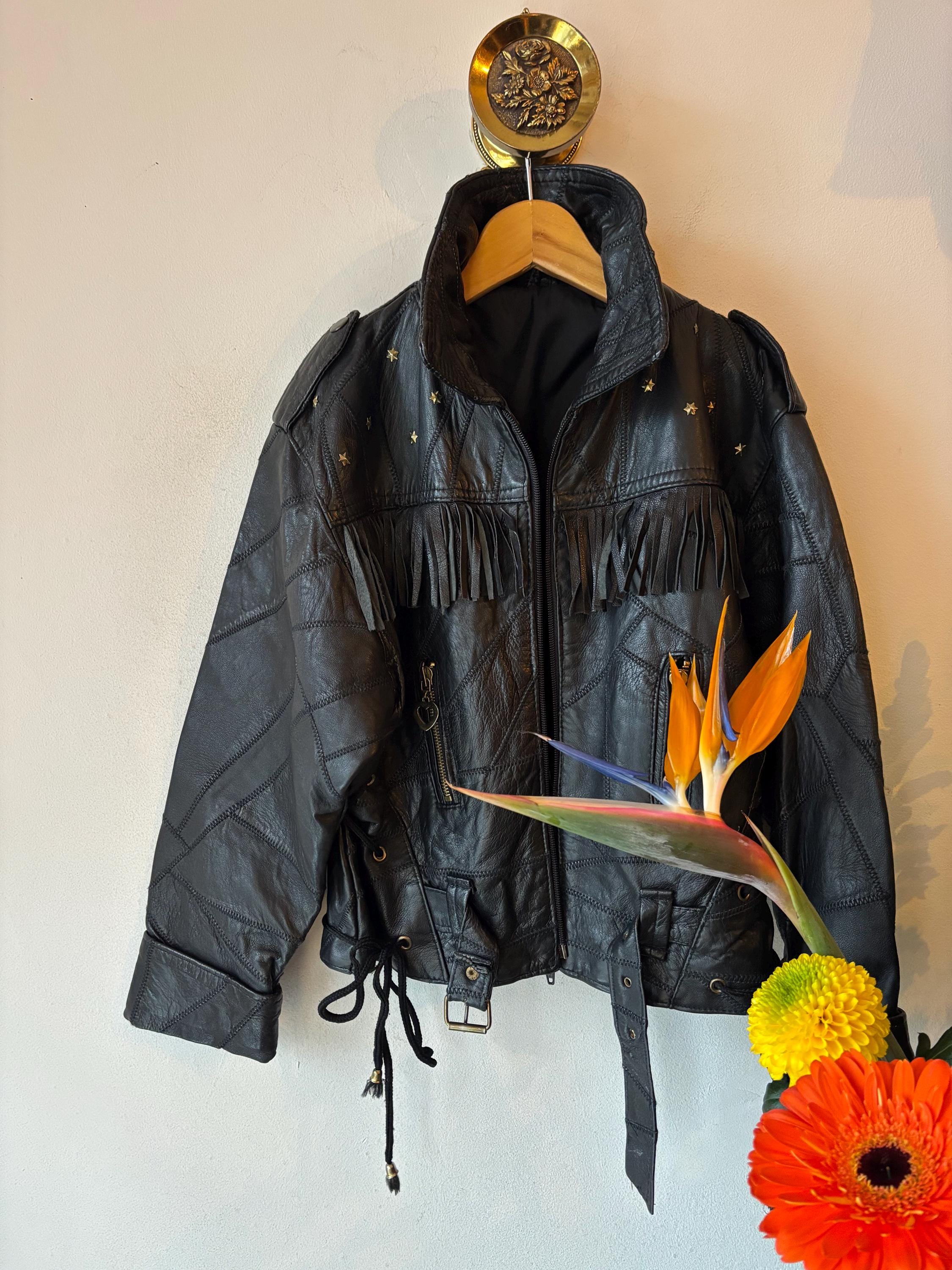 80s ビンテージ ロックマウント フリンジ レザー ジャケット キッズ XL JOHNSONS MEX TEX 80's VINTAGE FRINGED BIKER JACKET