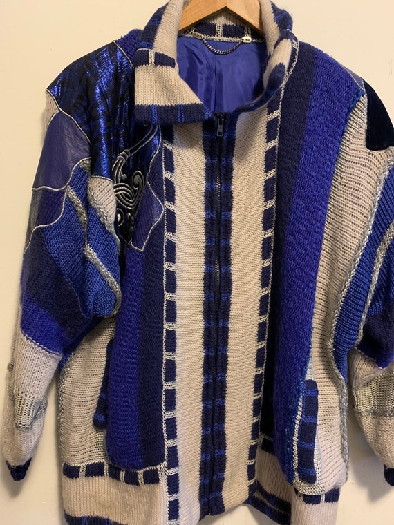 Vintage wool blue leather detail cardigan