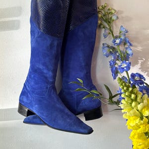Vintage 1980s Cobalt Blue suede leather statement Boots