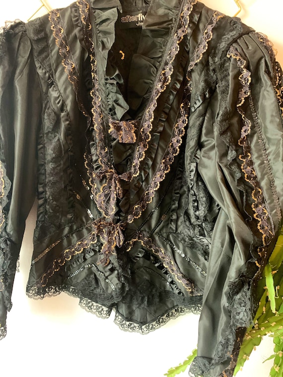 Vintage ruffle lace black and gold blouse