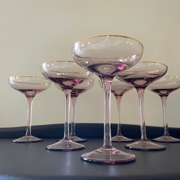 Vintage pink Champagne saucers with gold rims champagne coupe glasses celebration Toasting glass set of 7 Prosecco