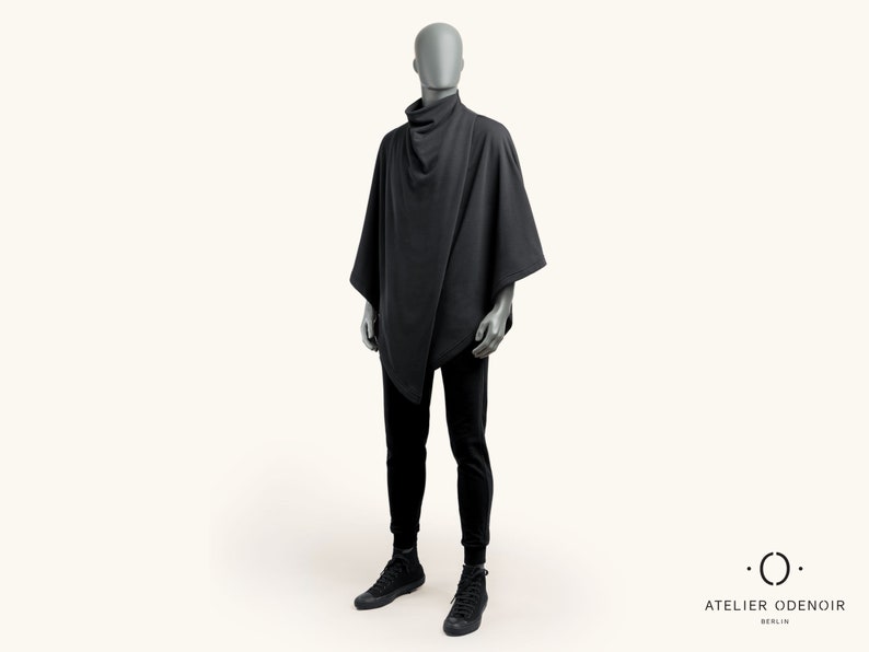 Unisex Black Poncho Black Cape Gender Neutral Poncho Handmade in Berlin Gender fluid clothing. zdjęcie 4